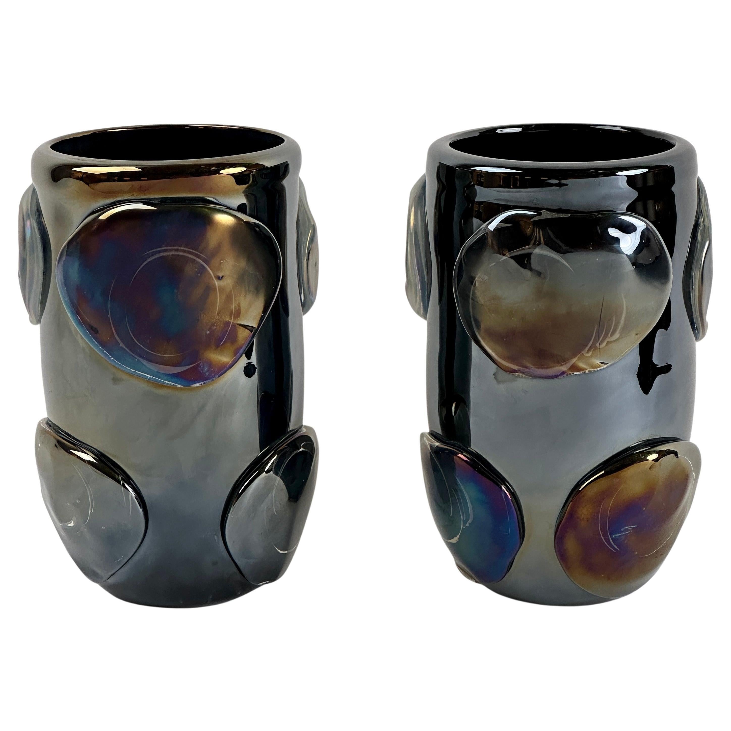 Pair of Vintage Black Iridescent Murano Art Glass Vases by Costantini For Sale