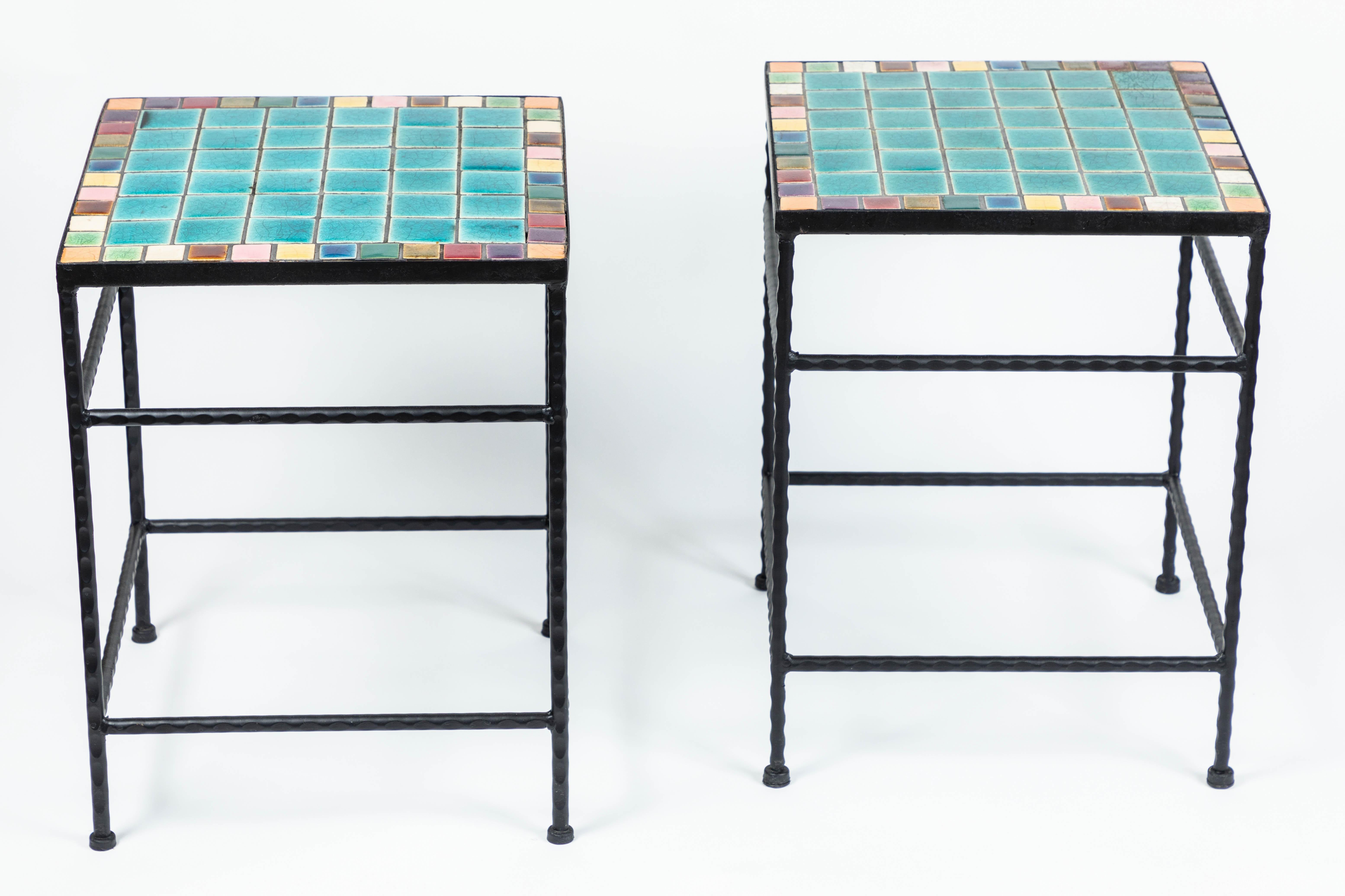 Pair of vintage black iron and tile top side tables with new black finish.
