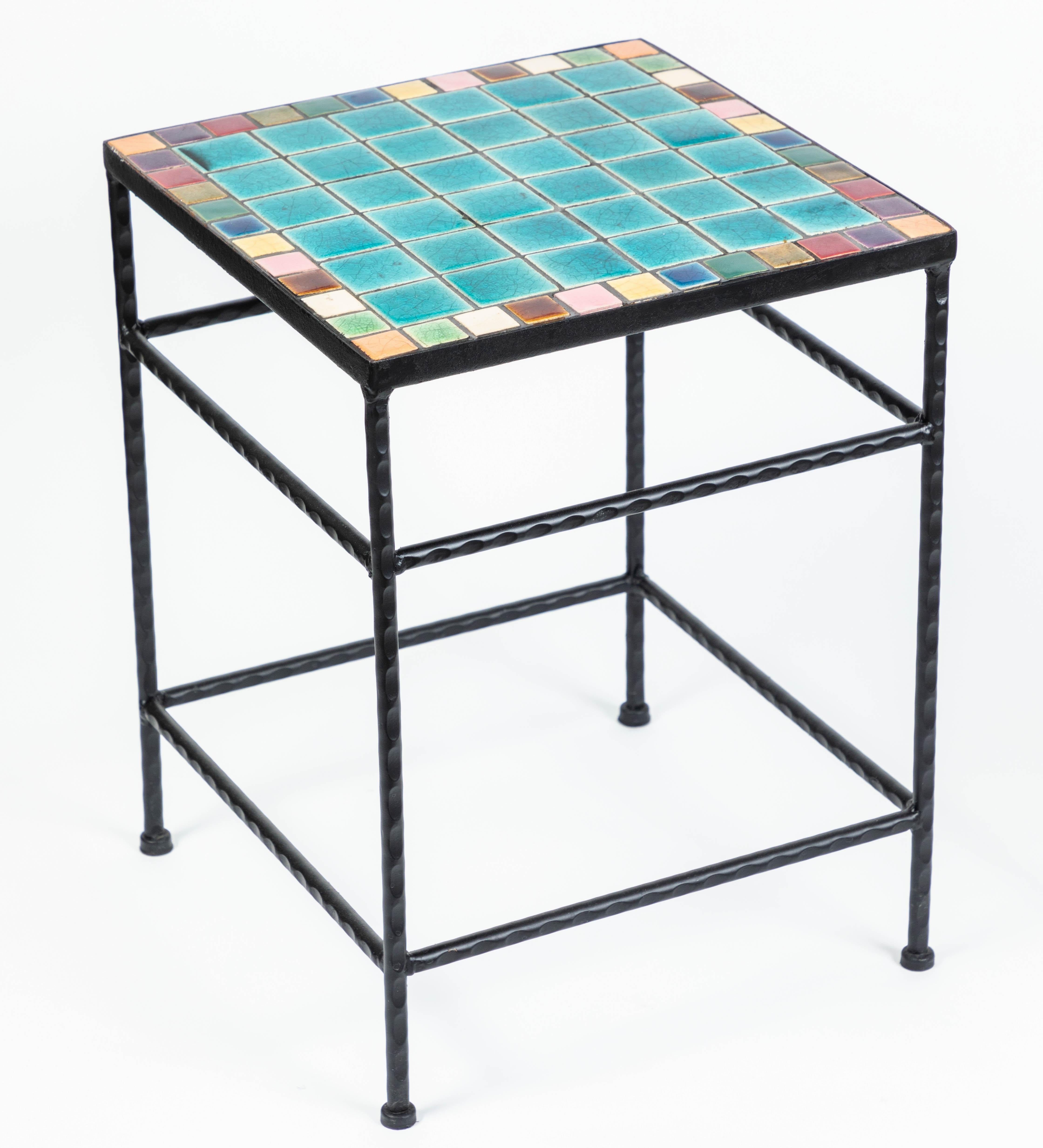 Mid-Century Modern Pair of Vintage Black Iron and Tile Top Side Tables