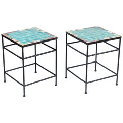 Pair of Vintage Black Iron and Tile Top Side Tables