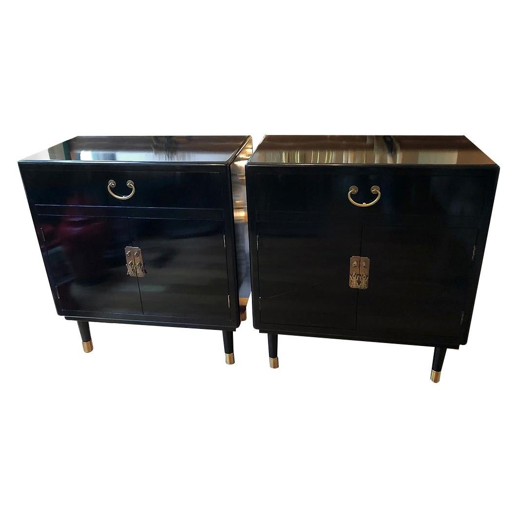 Pair of Vintage Black Lacquered Cabinets For Sale