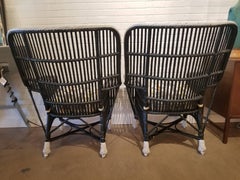 Pair of Vintage Black Lacquered Rattan Woven Chairs