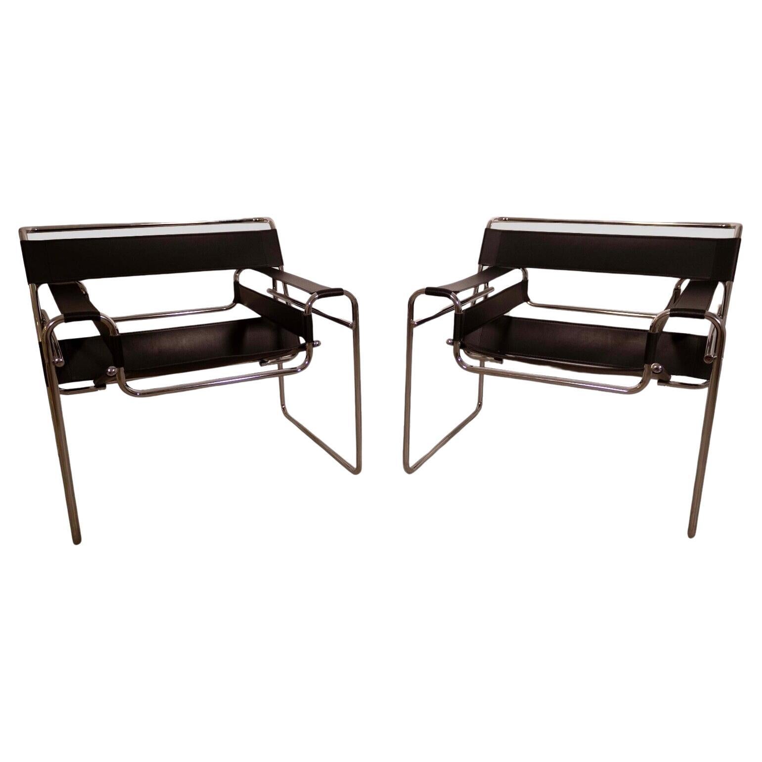 Pair of Vintage Black Leather and Chrome Wassily Style Chairs Mid Century Modern For Sale