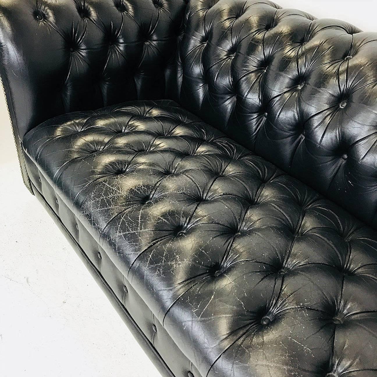 20th Century Pair of Vintage Black Leather Chesterfield Settees