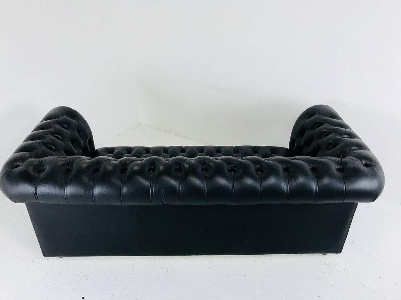 Pair of Vintage Black Leather Chesterfield Settees 1