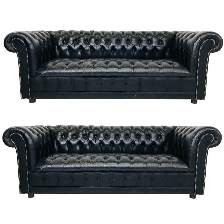Pair of Vintage Black Leather Chesterfield Settees at 1stDibs