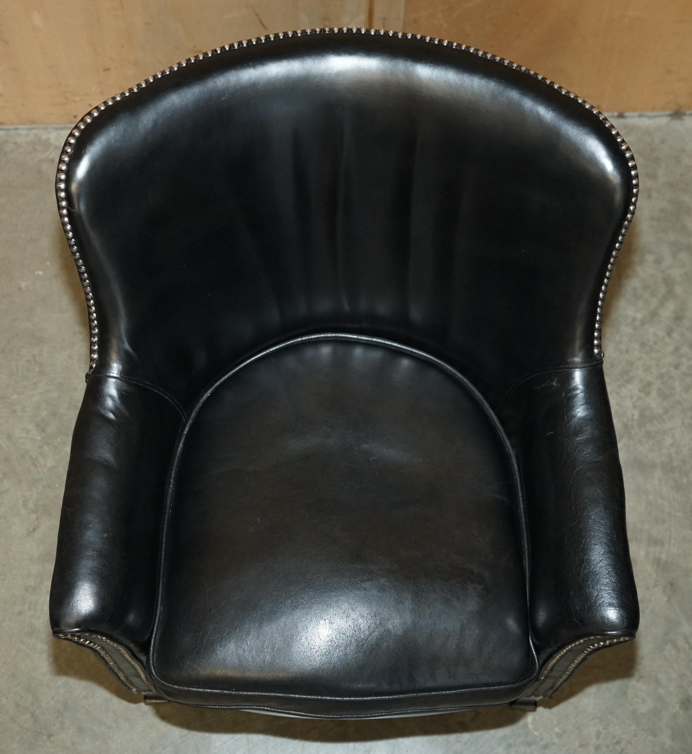 PAIR OF VINTAGE BLACK LEATHER TUB CLUB ARMCHAIRS WiTH HAND STUDDED UPHOLSTERY For Sale 9
