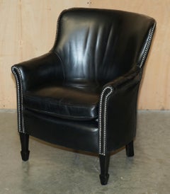 PAIR OF VINTAGE BLACK LEATHER TUB CLUB ARMCHAIRS WiTH HAND STUDDED UPHOLSTERY