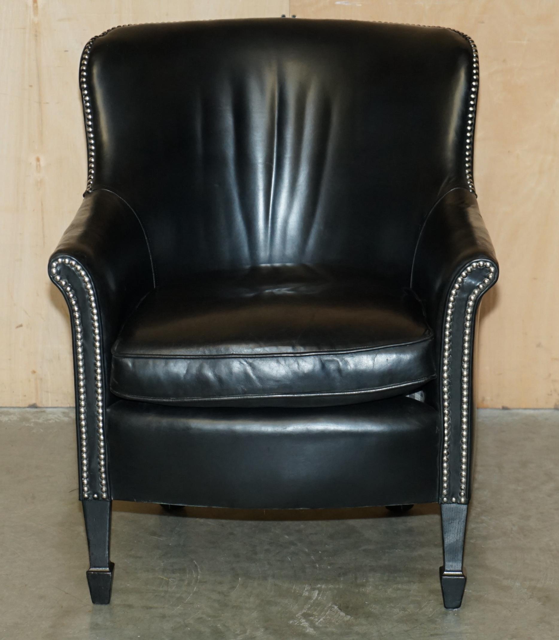 Art Deco PAIR OF VINTAGE BLACK LEATHER TUB CLUB ARMCHAIRS WiTH HAND STUDDED UPHOLSTERY For Sale