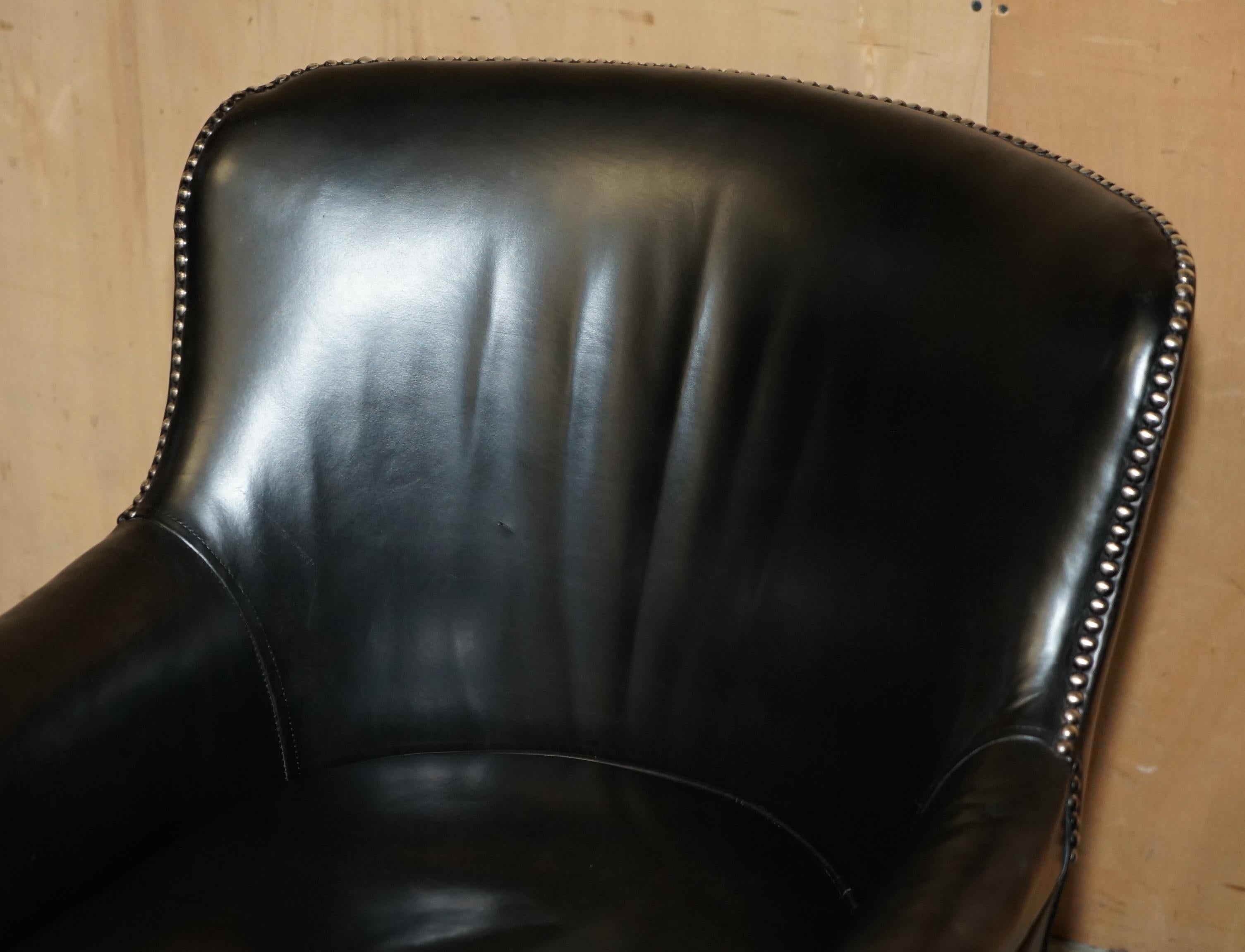 English PAIR OF VINTAGE BLACK LEATHER TUB CLUB ARMCHAIRS WiTH HAND STUDDED UPHOLSTERY For Sale