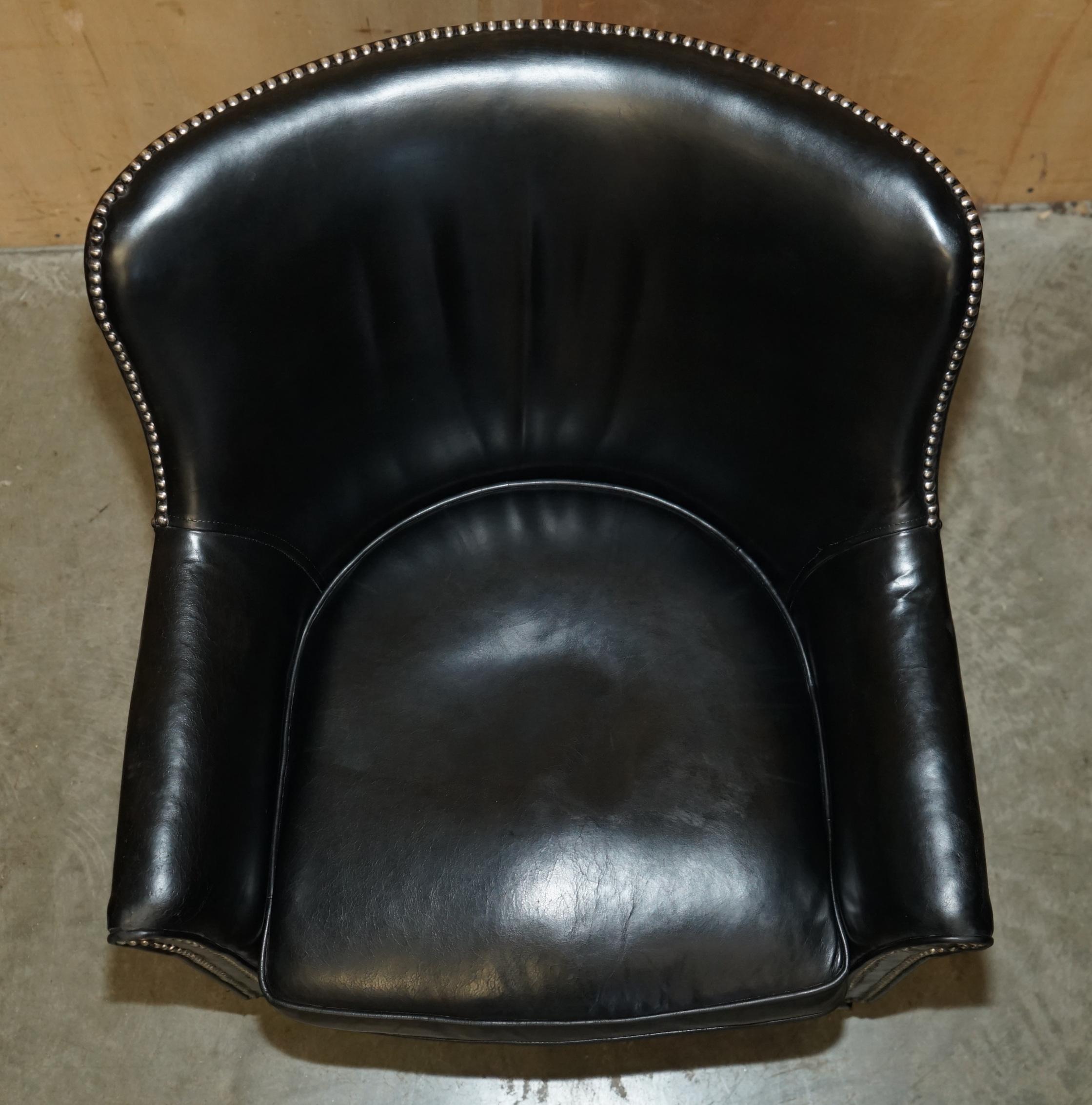 Hand-Crafted PAIR OF VINTAGE BLACK LEATHER TUB CLUB ARMCHAIRS WiTH HAND STUDDED UPHOLSTERY For Sale
