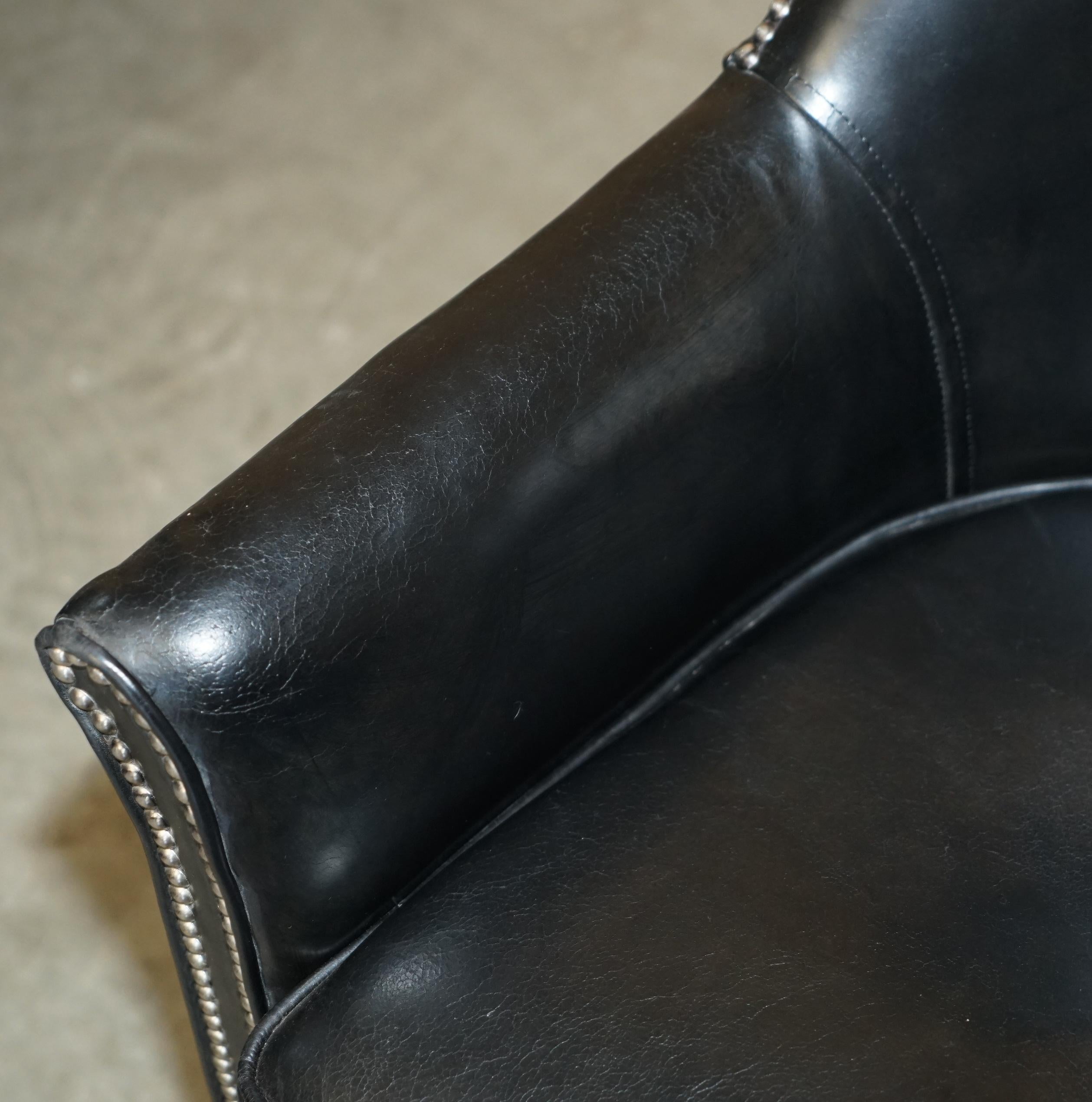 20th Century PAIR OF VINTAGE BLACK LEATHER TUB CLUB ARMCHAIRS WiTH HAND STUDDED UPHOLSTERY For Sale