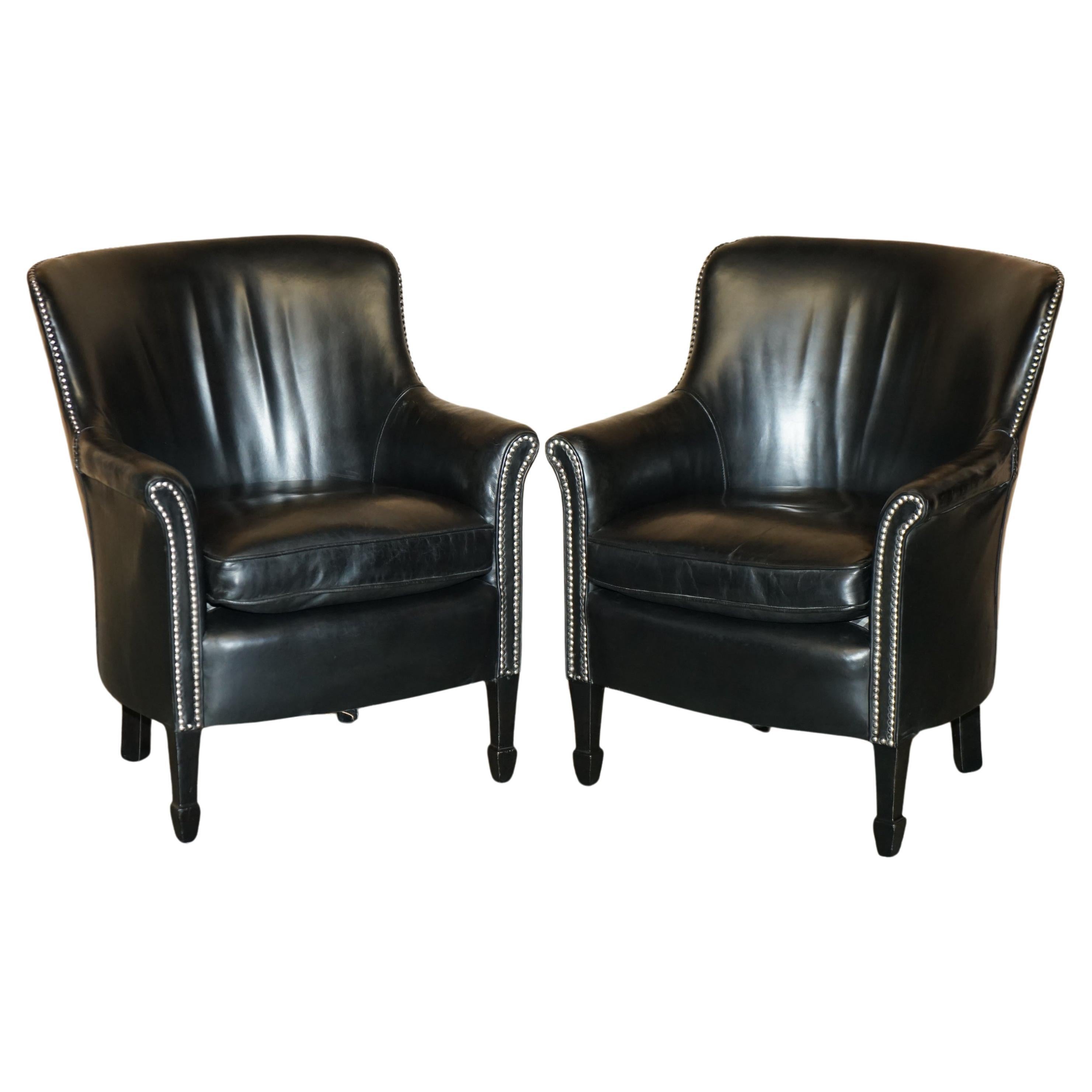 PAIR OF VINTAGE BLACK LEATHER TUB CLUB ARMCHAIRS WiTH HAND STUDDED UPHOLSTERY For Sale
