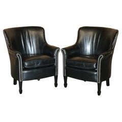 PAIR OF VINTAGE BLACK LEATHER TUB CLUB ARMCHAIRS WiTH HAND STUDDED UPHOLSTERY