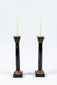 Pair of Vintage Black Marble Column Candlesticks