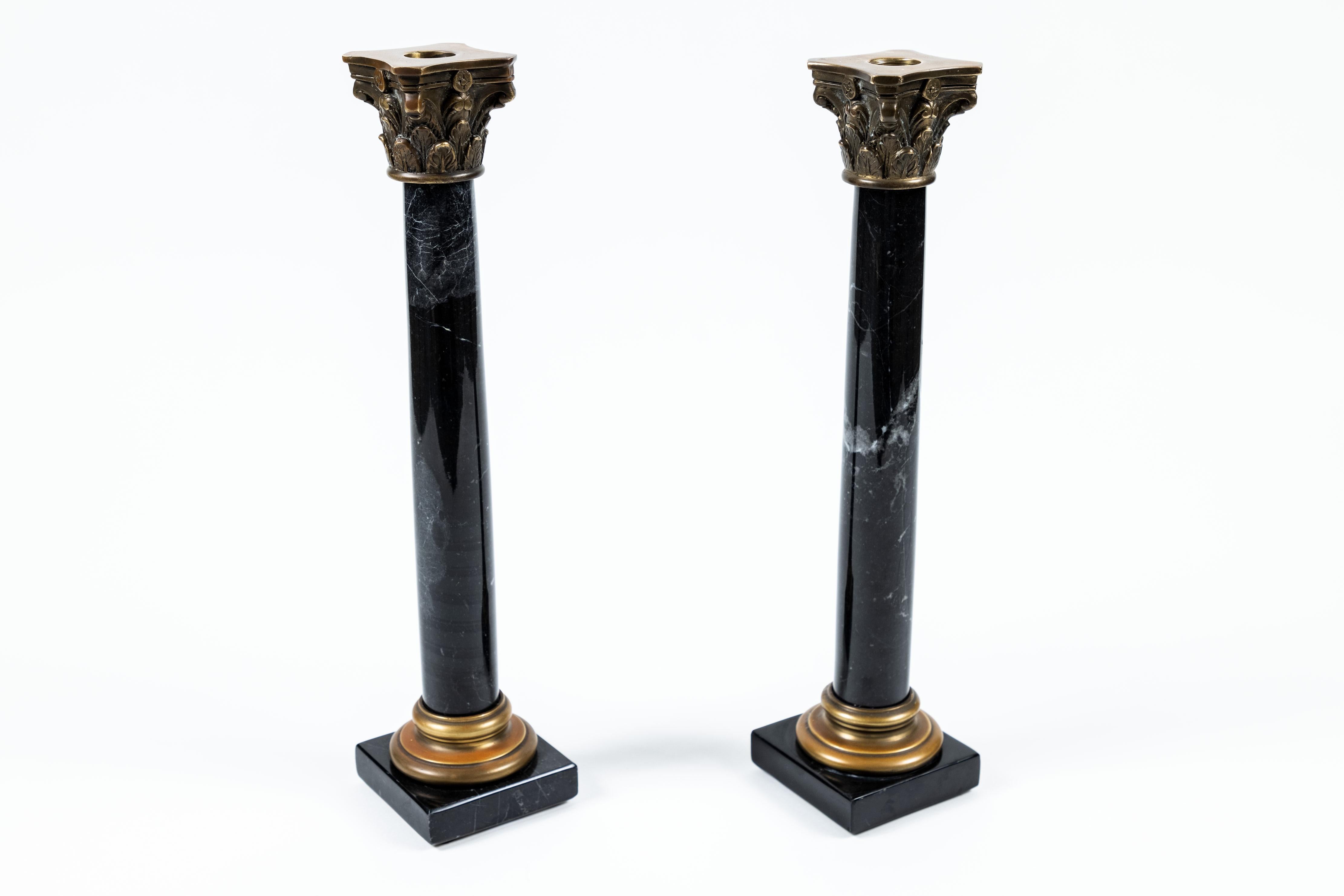 Pair of Vintage Black Marble Column Candlesticks In Excellent Condition In Pasadena, CA