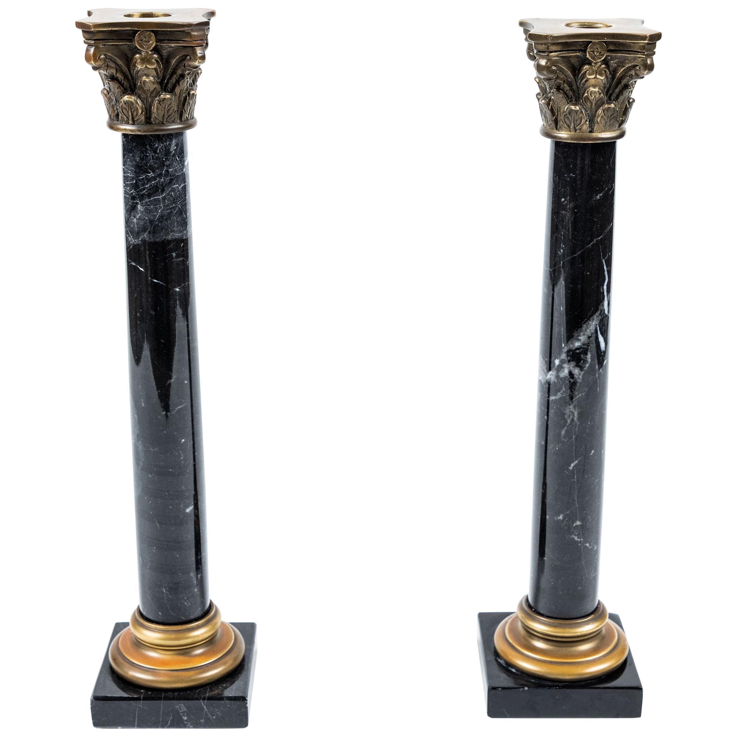 Pair of Vintage Black Marble Column Candlesticks
