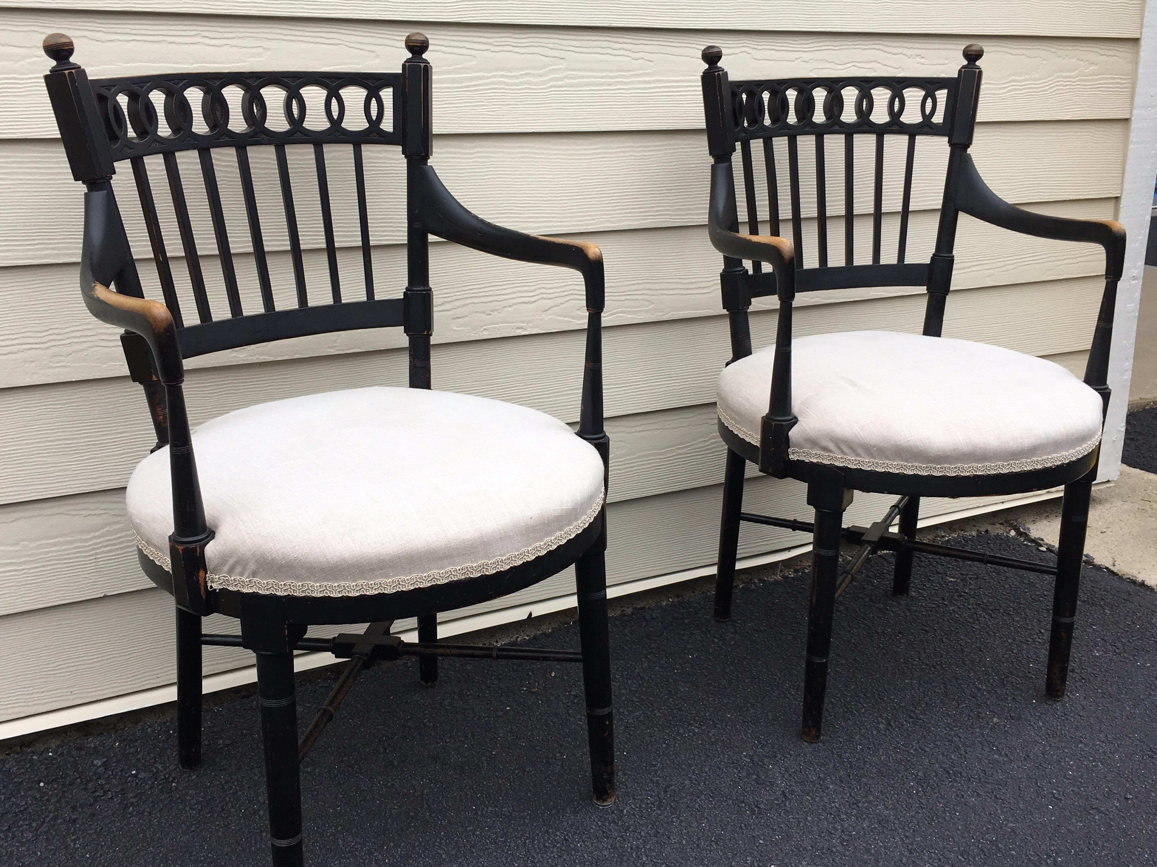 Pair of Vintage Black Painted Armchairs In Good Condition For Sale In Southampton, NY