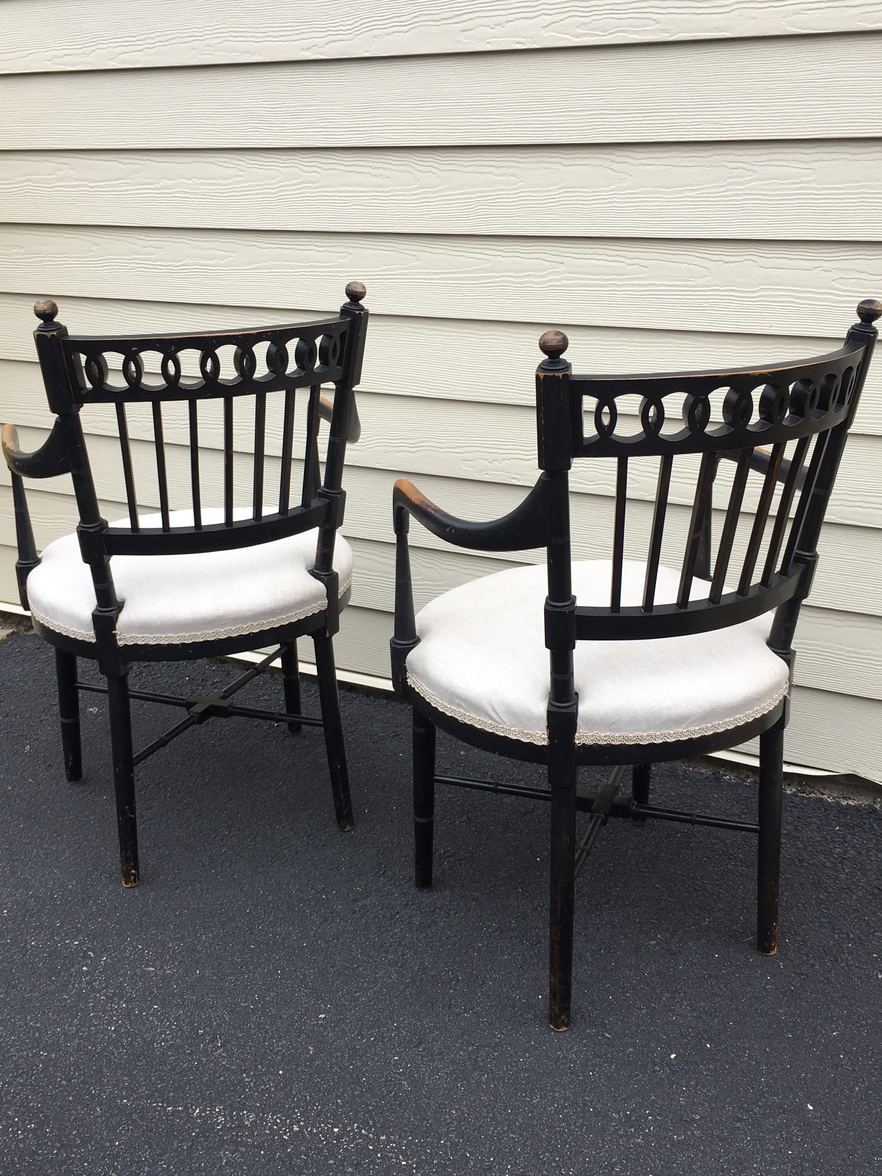 Linen Pair of Vintage Black Painted Armchairs For Sale