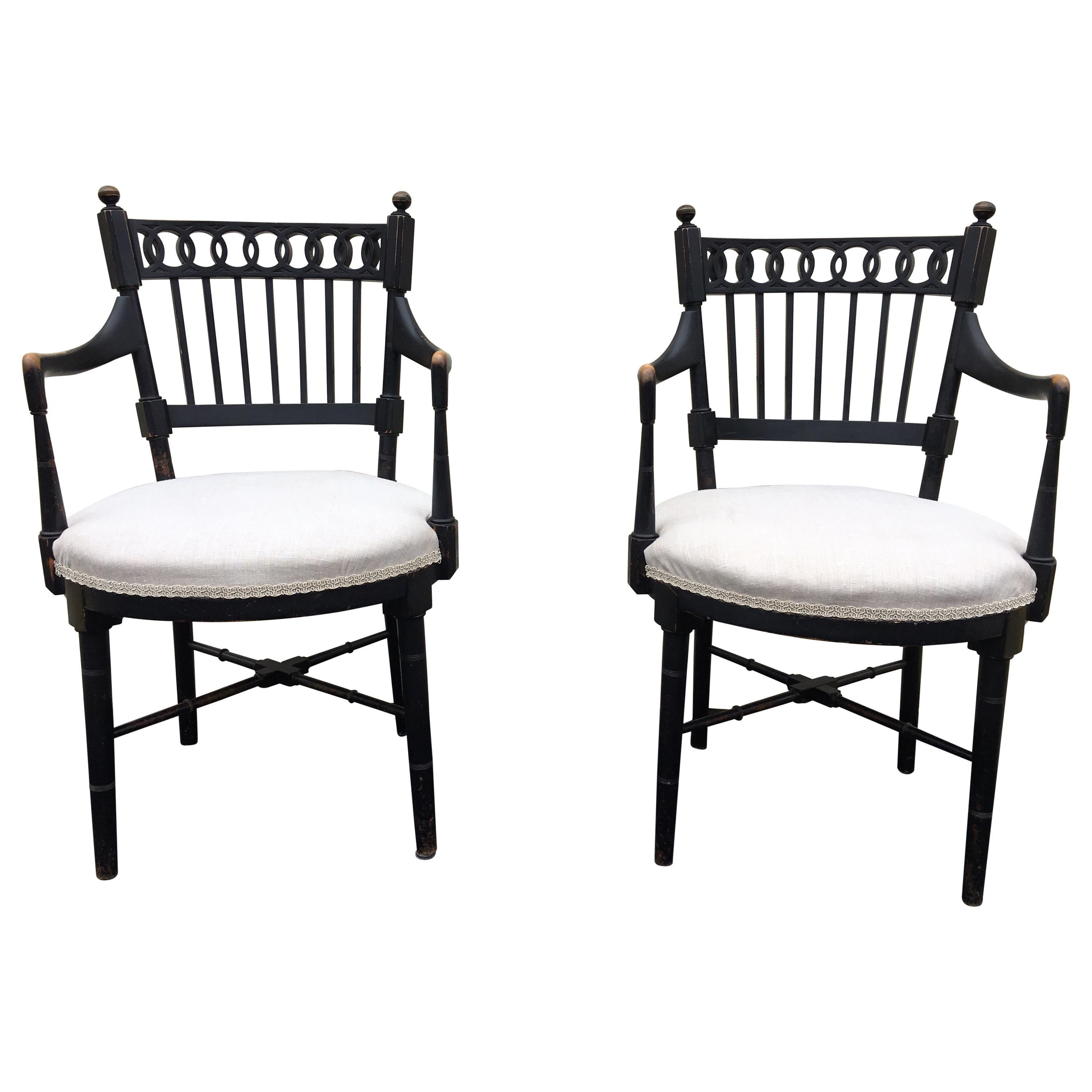 Pair of Vintage Black Painted Armchairs For Sale