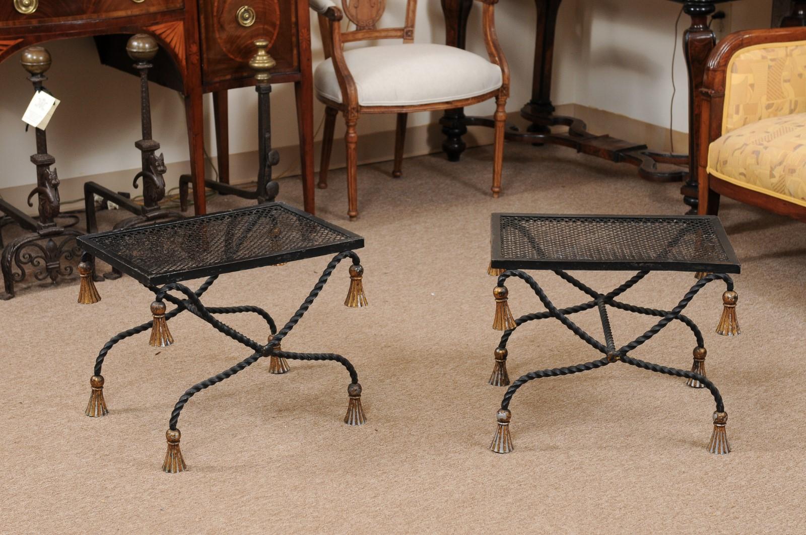 Pair of Vintage Black Painted & Gilt Iron Benches with Tassels, 20th century.