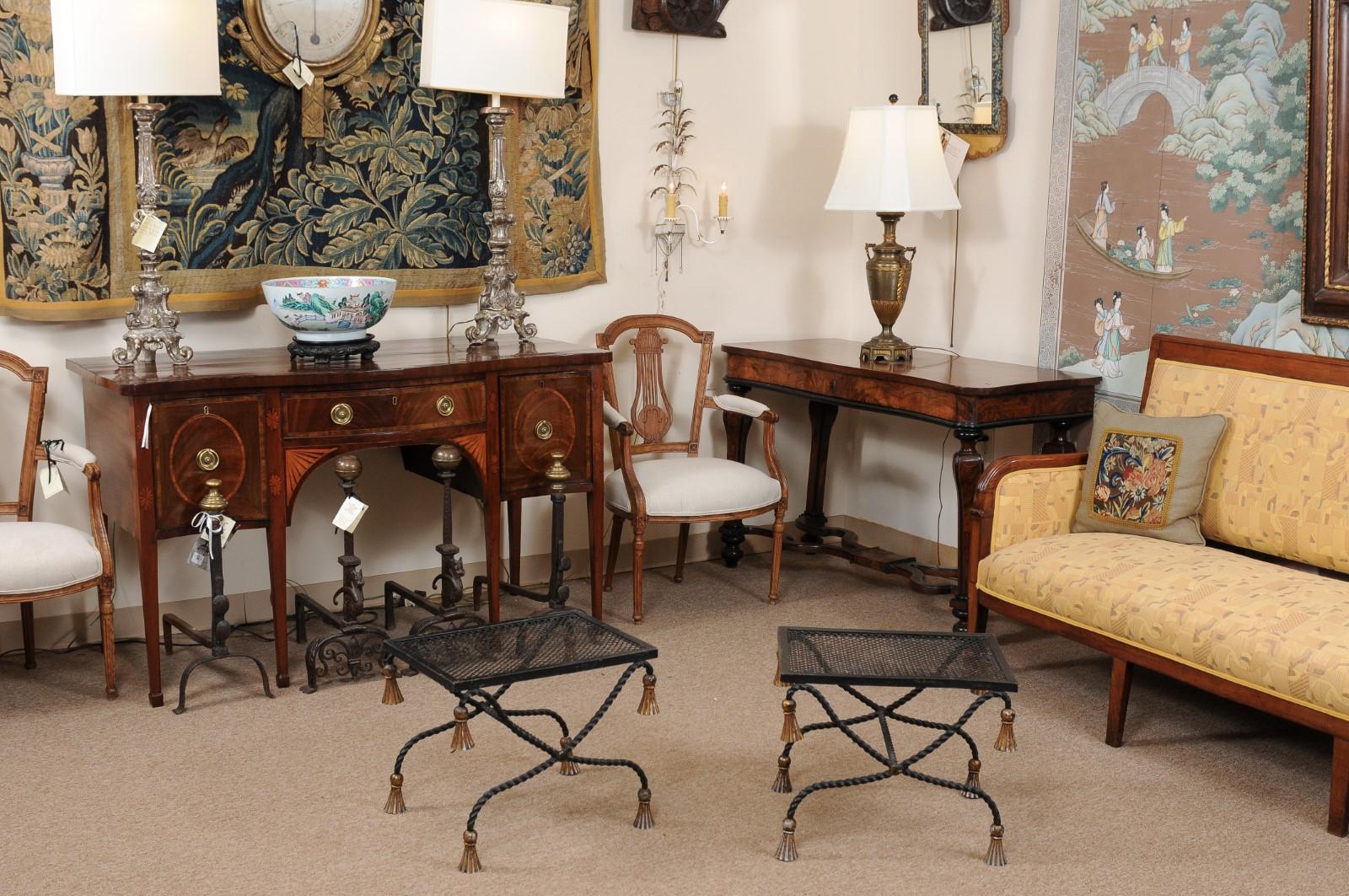 Pair of Vintage Black Painted & Gilt Iron Benches with Tassels, 20th Century In Good Condition For Sale In Atlanta, GA