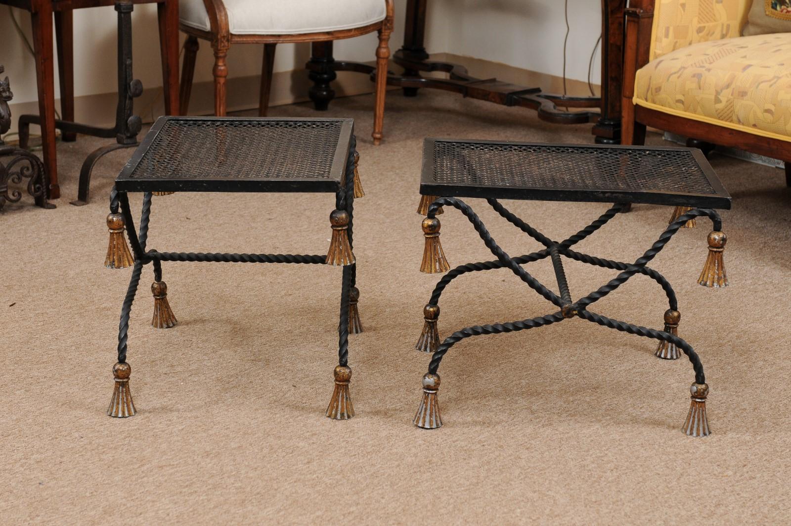 Pair of Vintage Black Painted & Gilt Iron Benches with Tassels, 20th Century For Sale 1