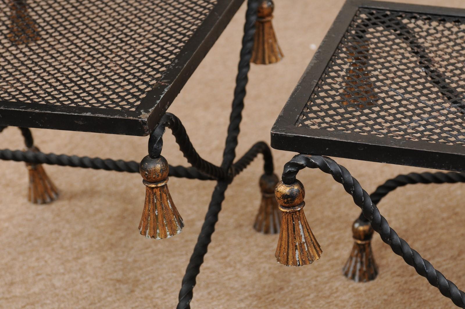 Pair of Vintage Black Painted & Gilt Iron Benches with Tassels, 20th Century For Sale 2