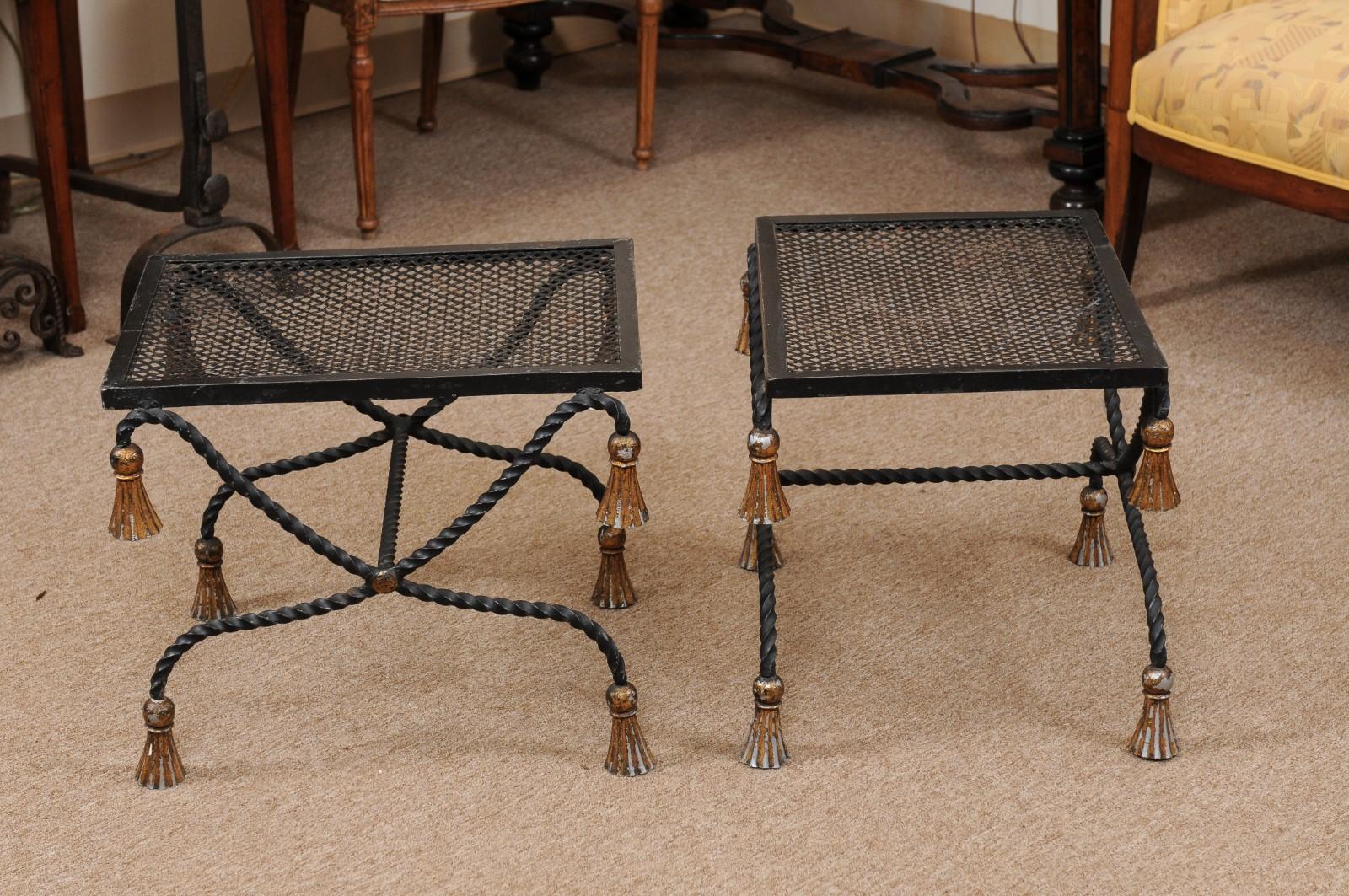 Pair of Vintage Black Painted & Gilt Iron Benches with Tassels, 20th Century For Sale 3
