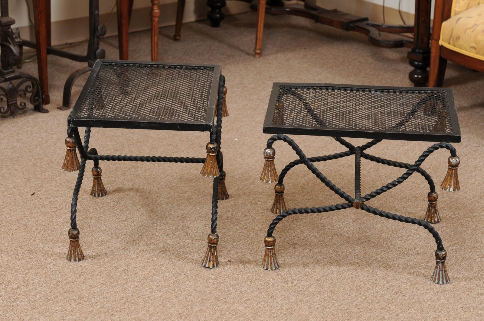 Pair of Vintage Black Painted & Gilt Iron Benches with Tassels, 20th Century For Sale 4