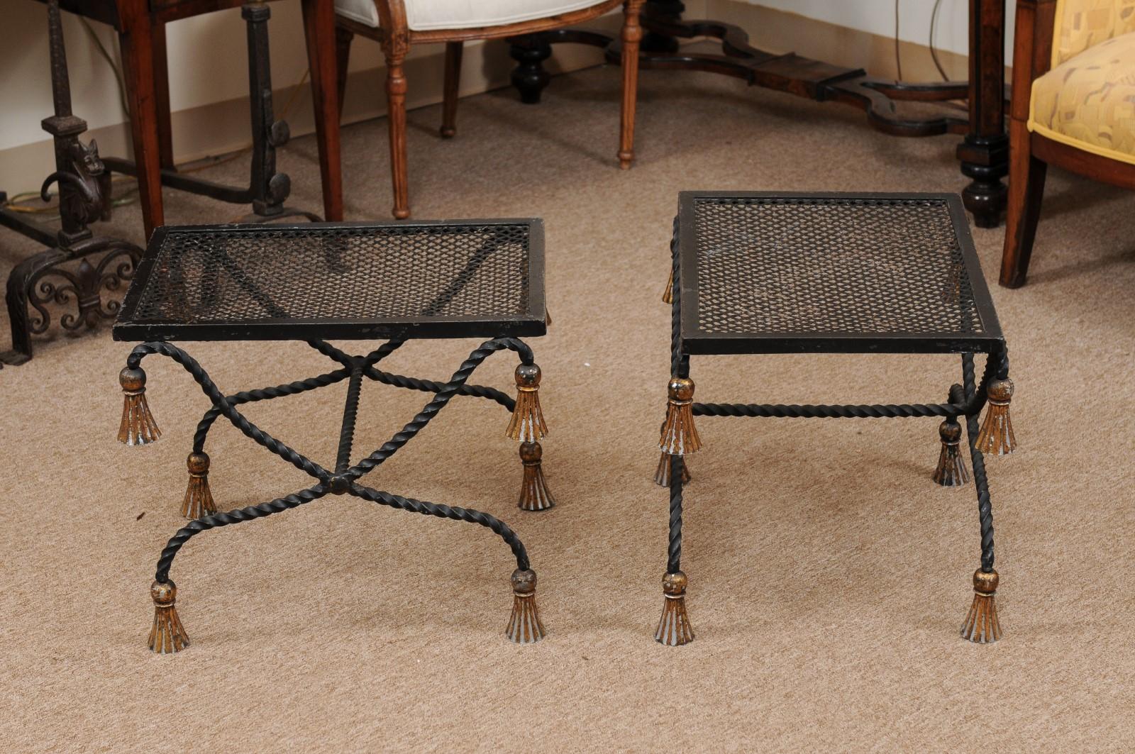 Pair of Vintage Black Painted & Gilt Iron Benches with Tassels, 20th Century For Sale 5