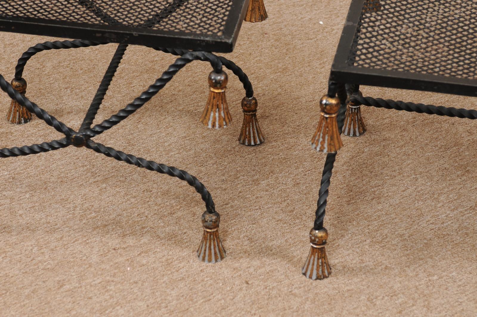 Pair of Vintage Black Painted & Gilt Iron Benches with Tassels, 20th Century For Sale 6