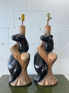 Pair of Vintage Black Panther Table Lamps on Faux Bois Tree Trunk Bases