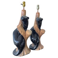 Pair of Vintage Black Panther Table Lamps on Faux Bois Tree Trunk Bases
