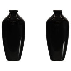 Pair of Vintage Black Porcelain Vases with Glossy Glaze and Narrow Necks