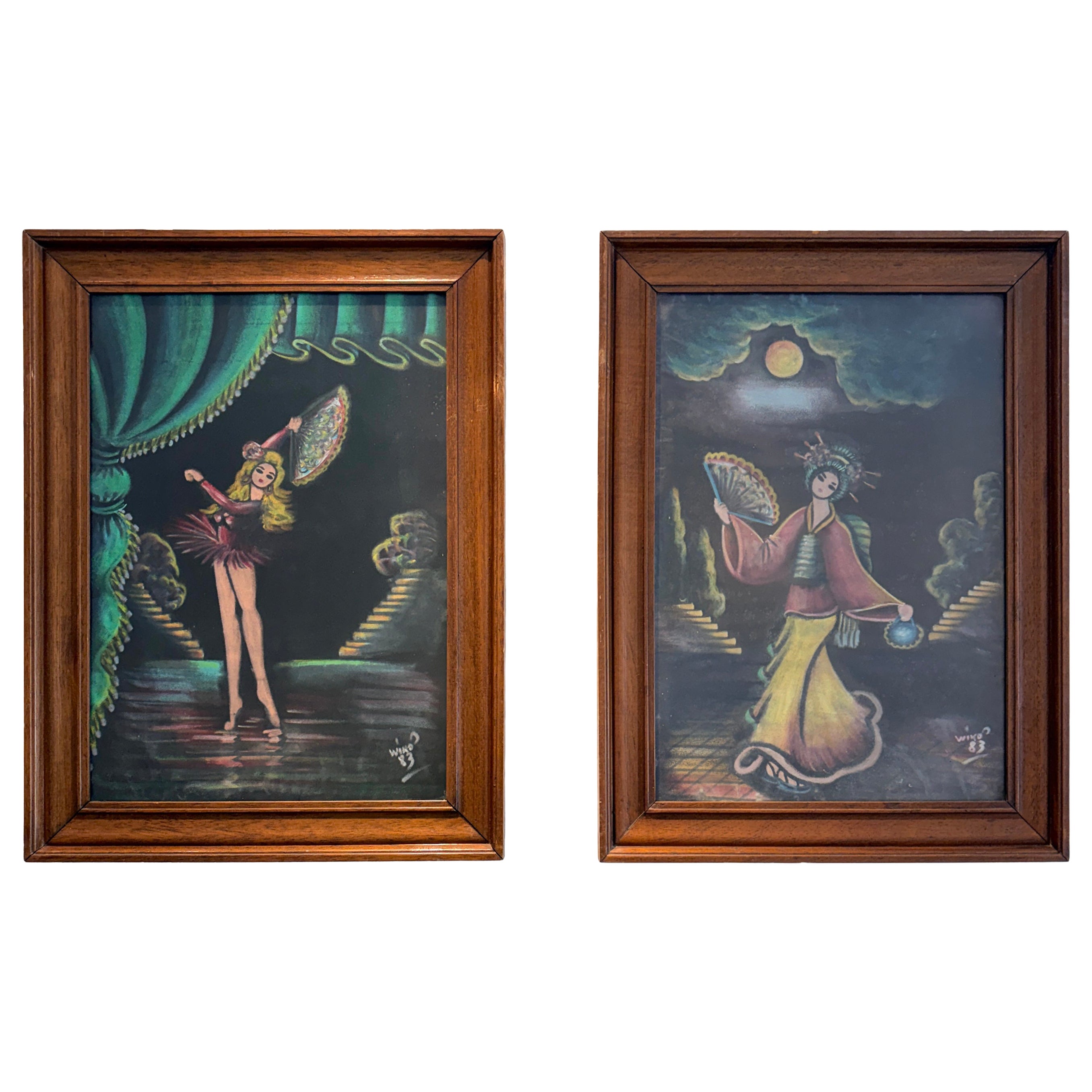 Pair of Vintage Black Velvet Framed Exotic Dancer Paintings, Signed Wiko, 1983