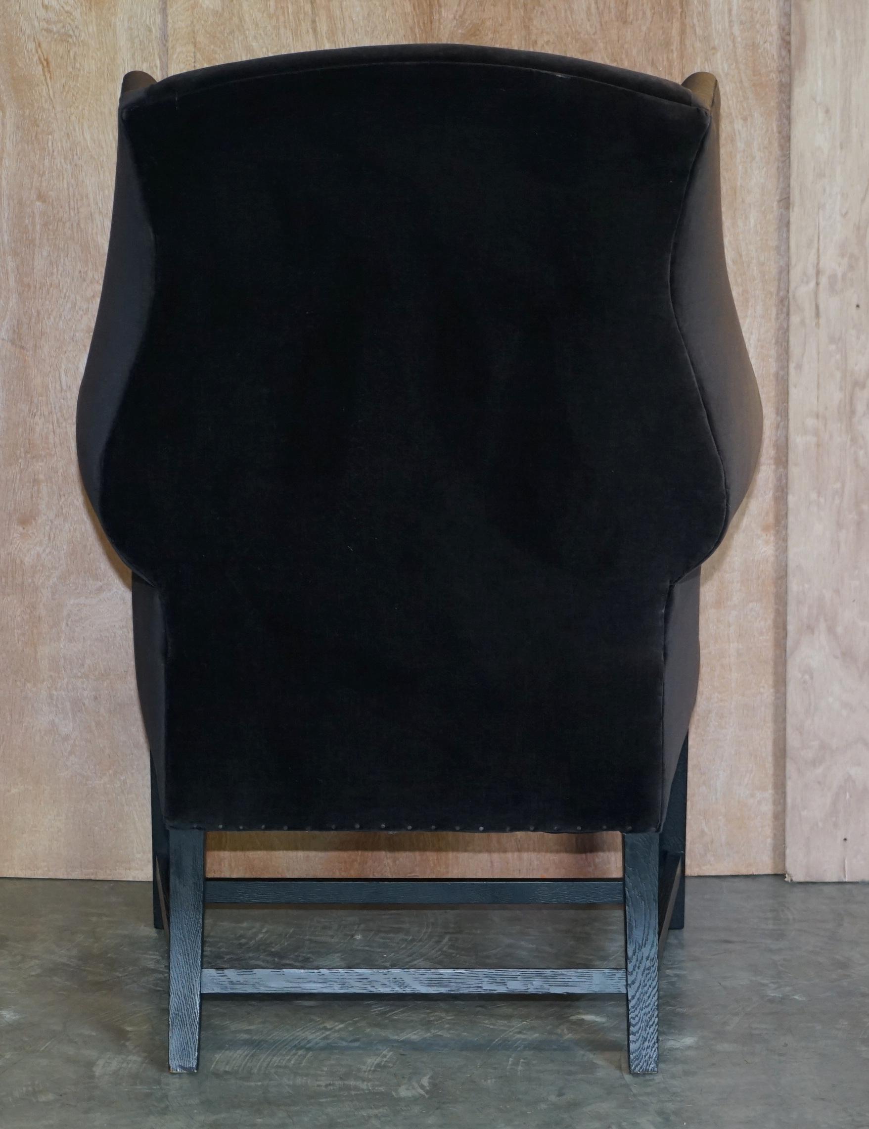 Pair of Vintage Black Velvet Upholstered George Hepplewhite Wingback Armchairs For Sale 1