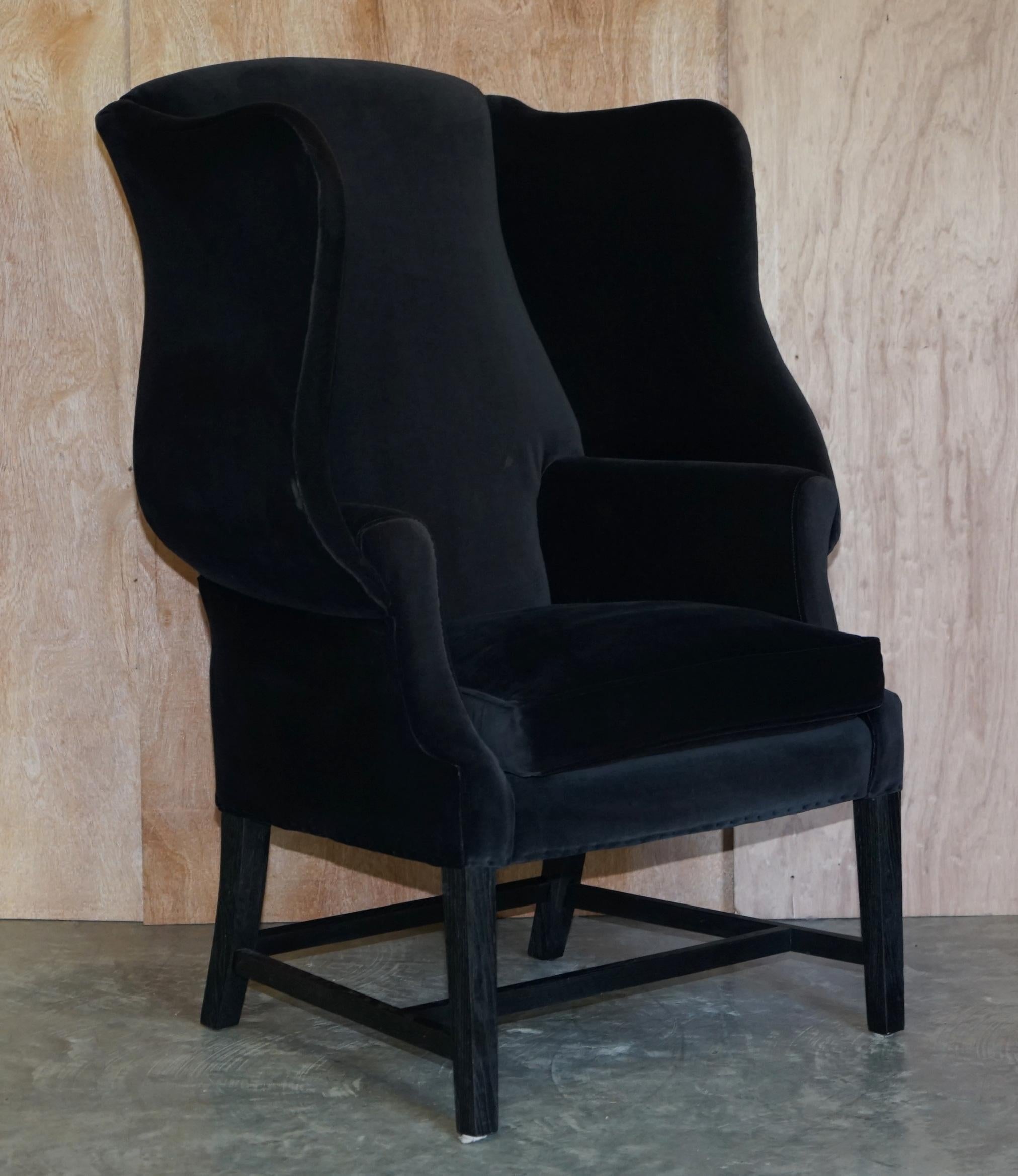 Pair of Vintage Black Velvet Upholstered George Hepplewhite Wingback Armchairs For Sale 2