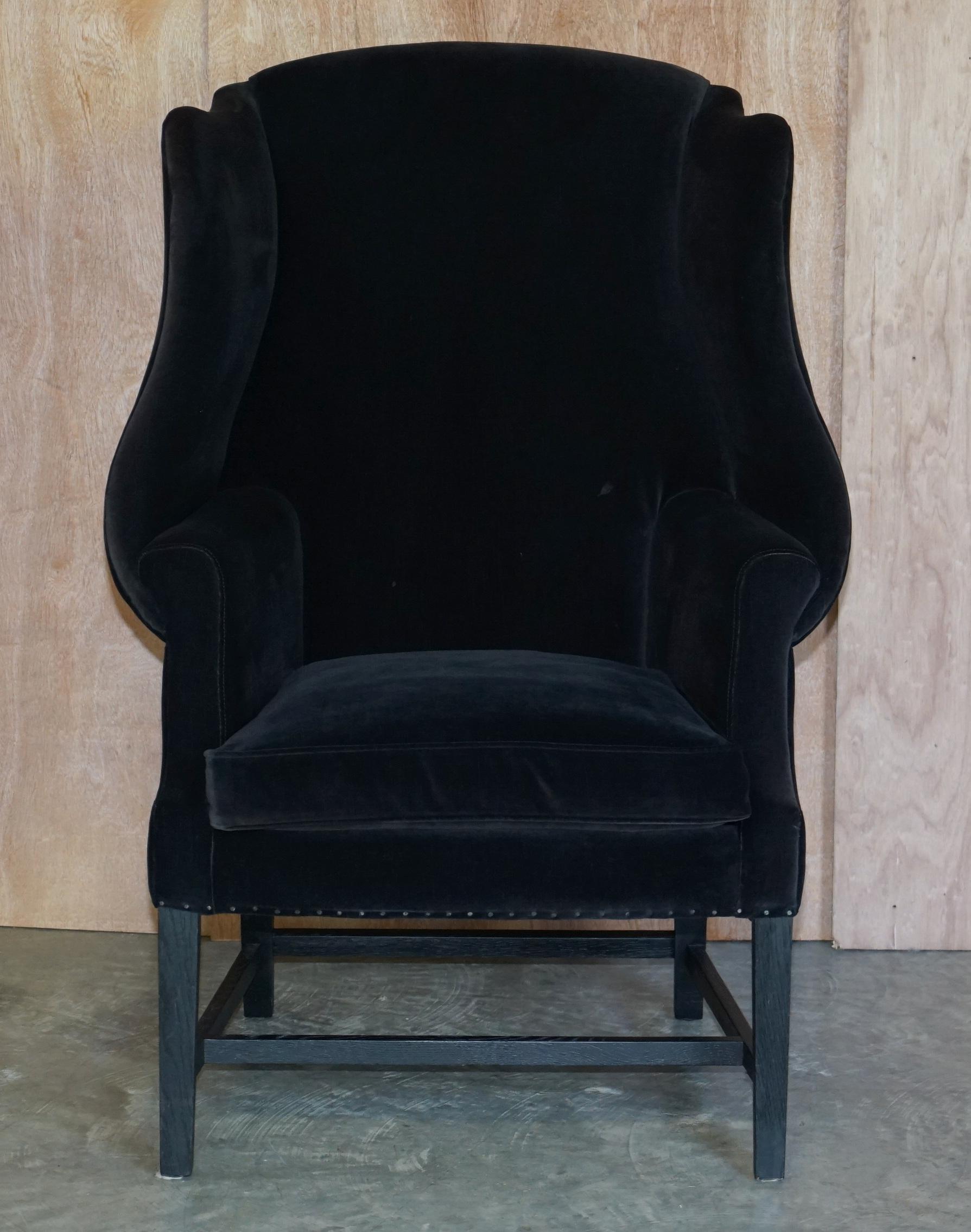 Pair of Vintage Black Velvet Upholstered George Hepplewhite Wingback Armchairs For Sale 3