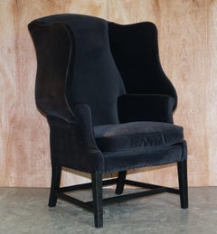 Pair of Vintage Black Velvet Upholstered George Hepplewhite Wingback Armchairs