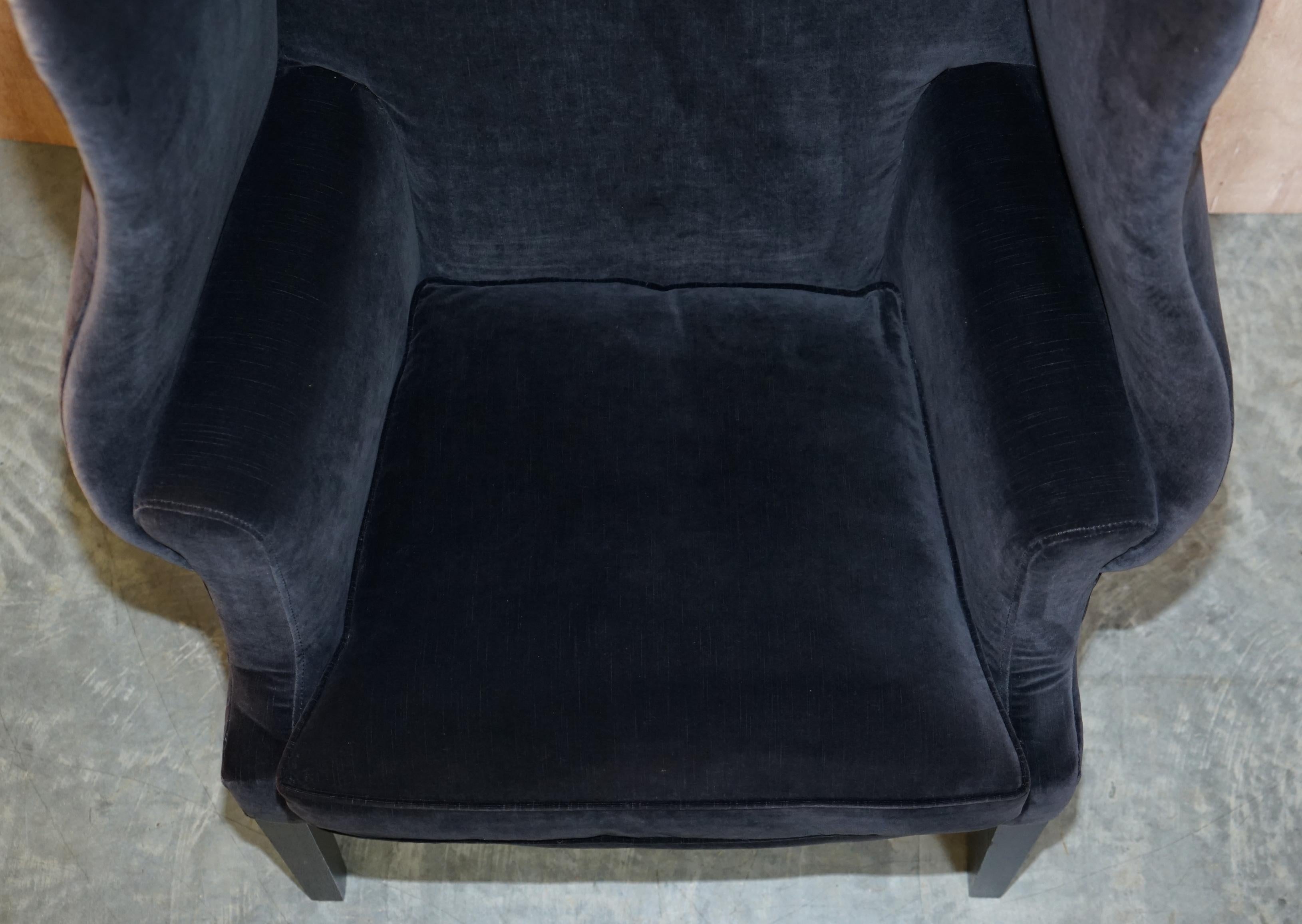 Art Deco Pair of Vintage Black Velvet Upholstered George Hepplewhite Wingback Armchairs For Sale