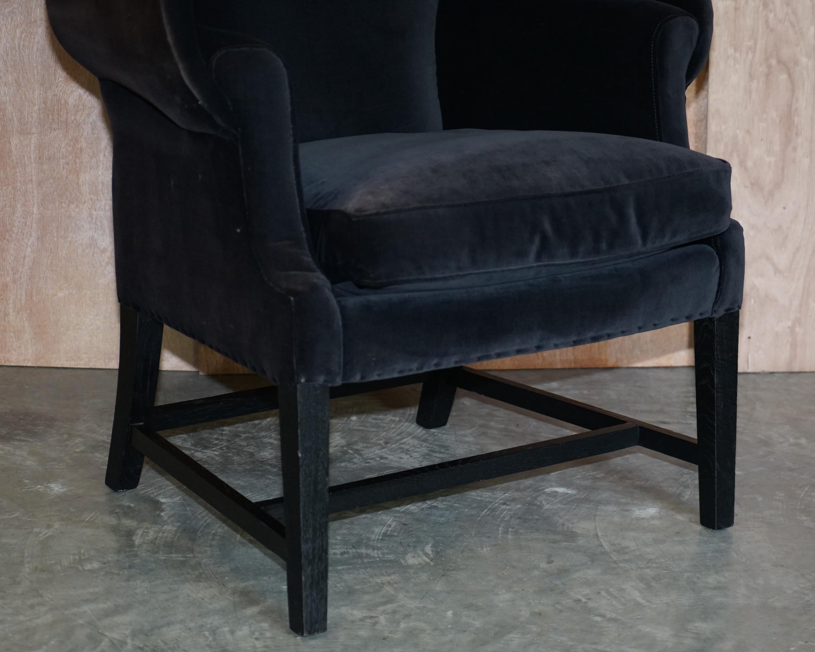 Hand-Crafted Pair of Vintage Black Velvet Upholstered George Hepplewhite Wingback Armchairs For Sale