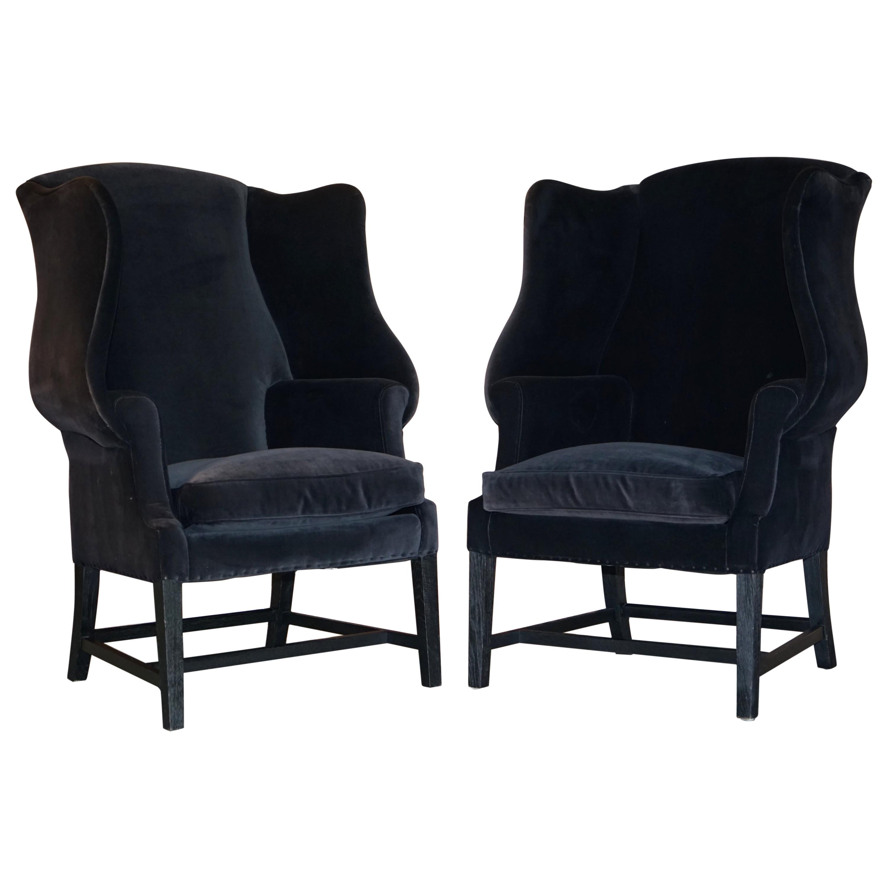 Pair of Vintage Black Velvet Upholstered George Hepplewhite Wingback Armchairs For Sale