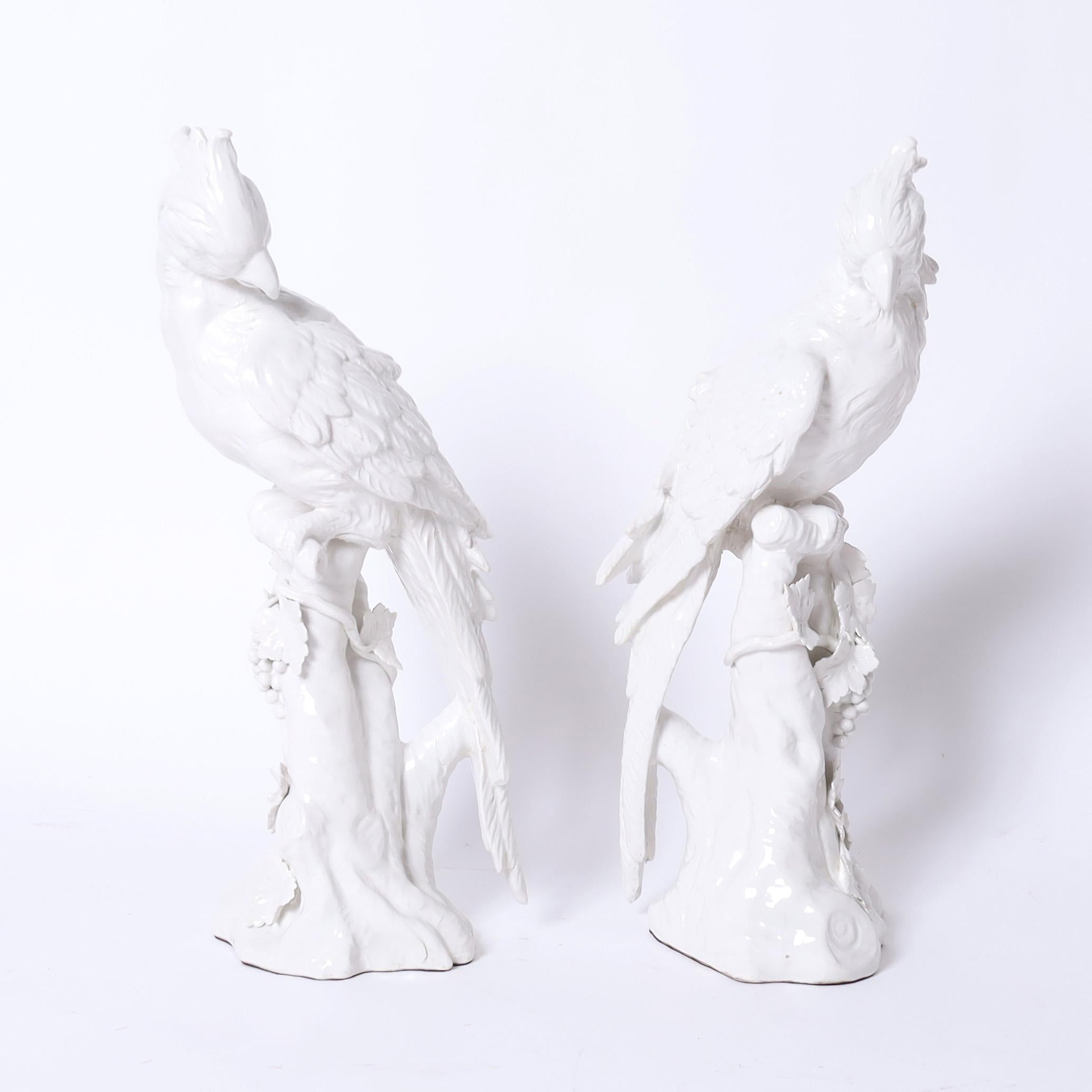 Una sorprendente coppia di pappagalli o cacatua francesi in porcellana blanc de chine a grandezza naturale, appollaiati con disinvoltura su delle viti. 