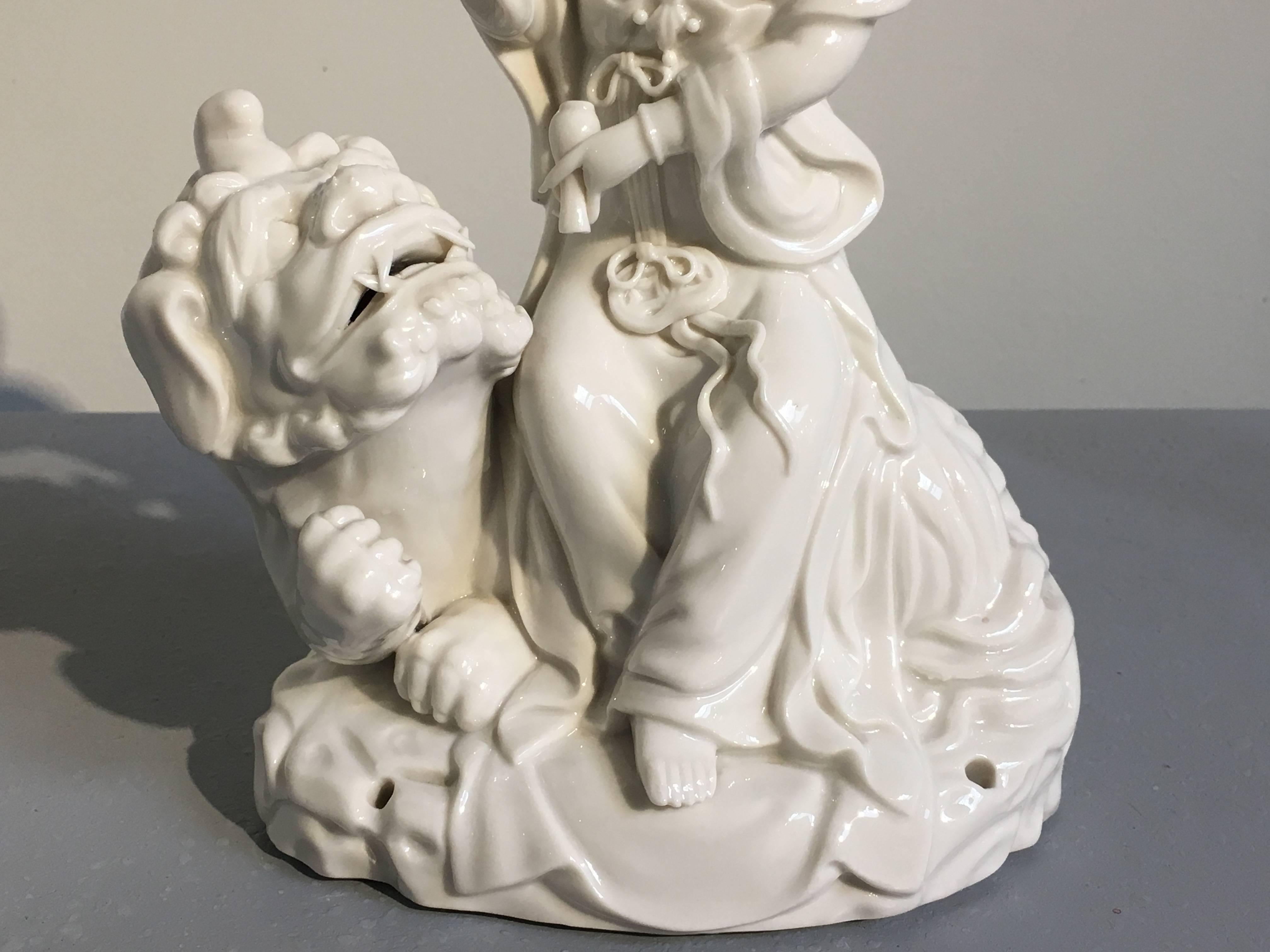 Pair of Vintage Blanc de Chine Figures of Guanyin Riding an Elephant and Lion For Sale 5