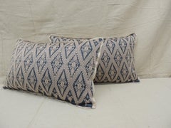 Pair of Vintage Blue and Beige Asian Silk Woven Lumbar Decorative Pillows
