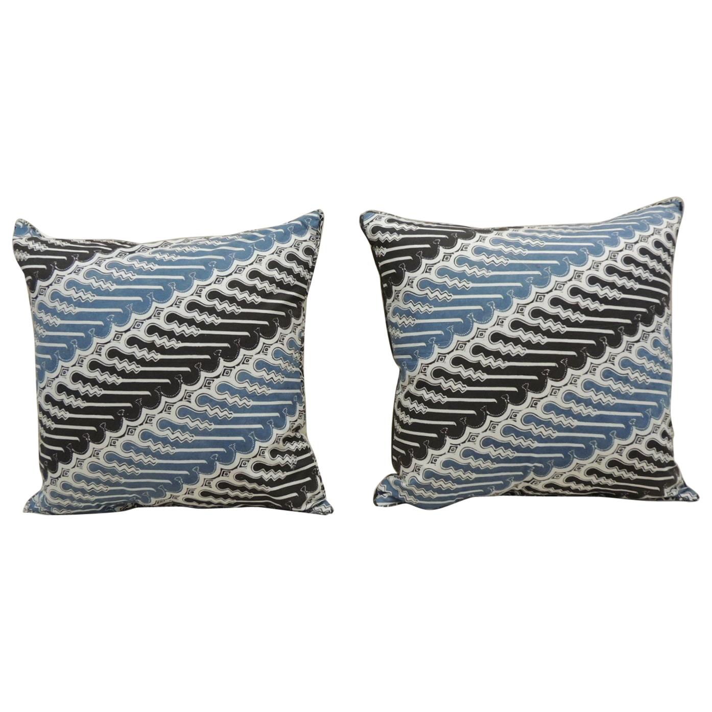 Pair of Vintage Blue and Black Hand-Blocked Batik Decorative Square Pillows