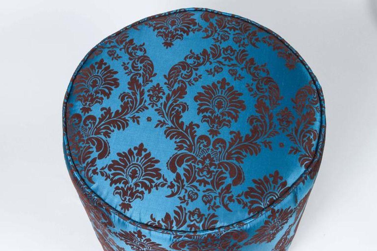 Hand-Crafted Pair of Vintage Art Deco Style Blue and Brown Upholstered Round Stools For Sale