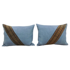 Pair of Vintage Blue and Orange Asian Bolster Decorative Pillows