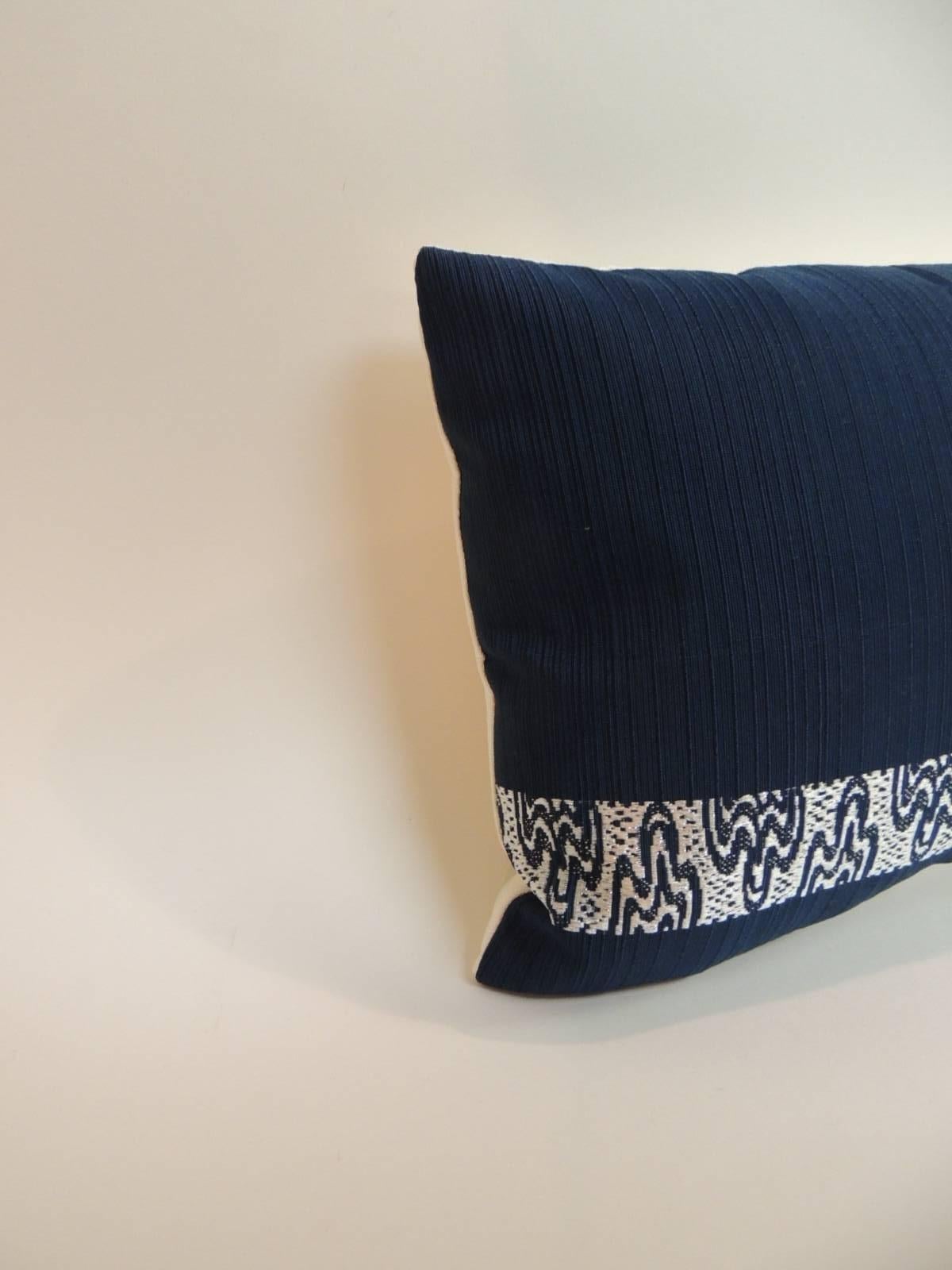 Japonisme Pair of Vintage Blue and Silver Woven Obi Textiles Lumbar Pillows For Sale